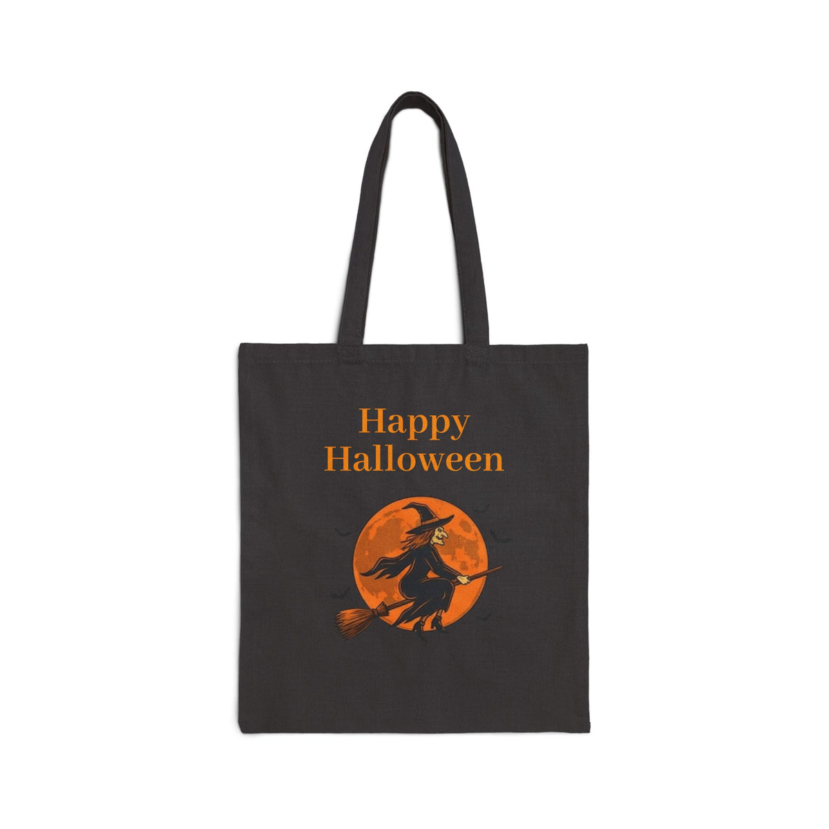 Halloween Canvas Tote — "Happy Halloween" Witch & Full Moon Trick-or-Treat Bag