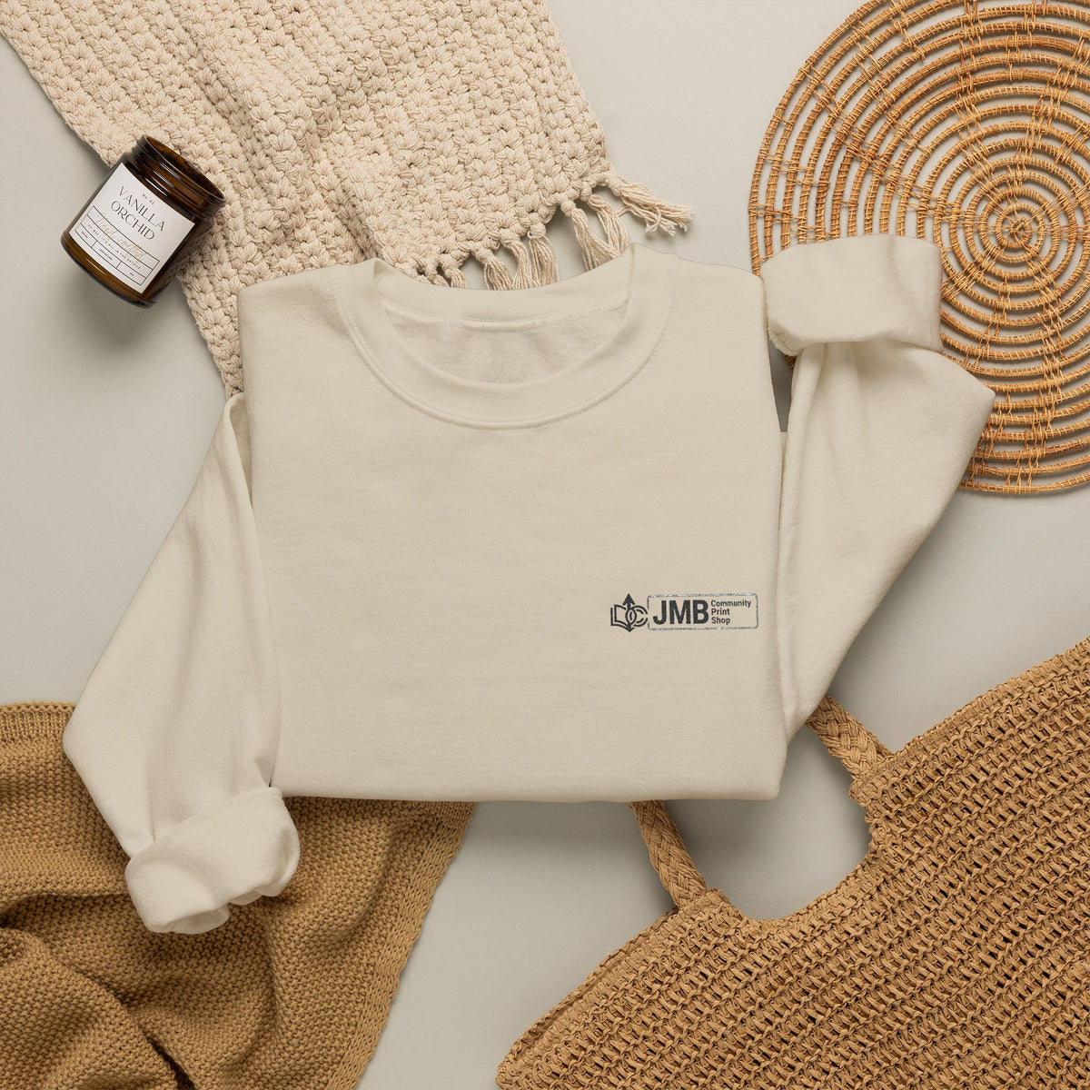 JMB Community Print Shop Embroidered Crewneck Sweatshirt — Logo Chest Design