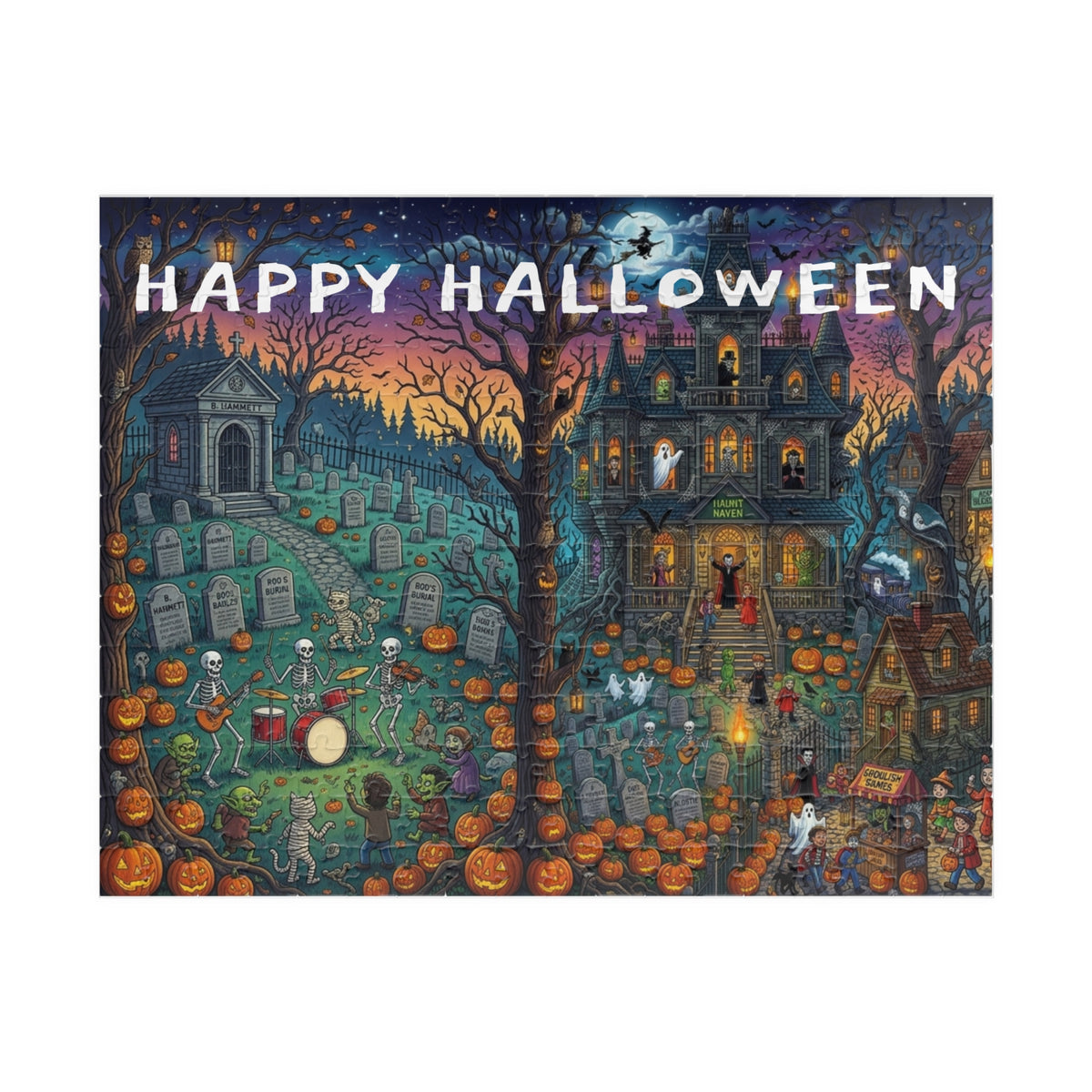 Happy Halloween Graveyard Puzzle — Spooky Pumpkin & Skeleton Scene (110/252/520/1014 pcs)