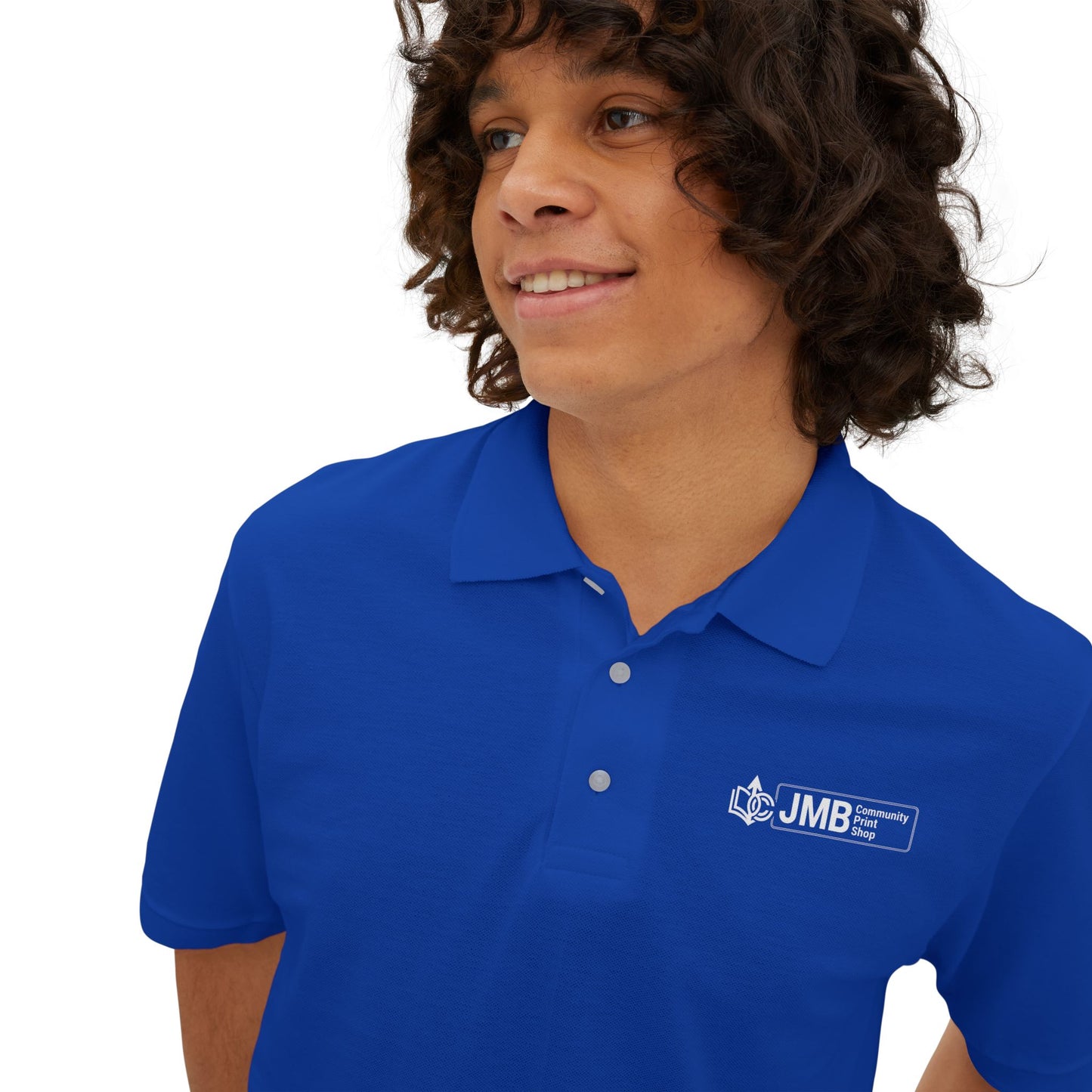 Classic Embroidered Logo Polo with JMB Community Print Shop Logo — Men's White Piqué Polo