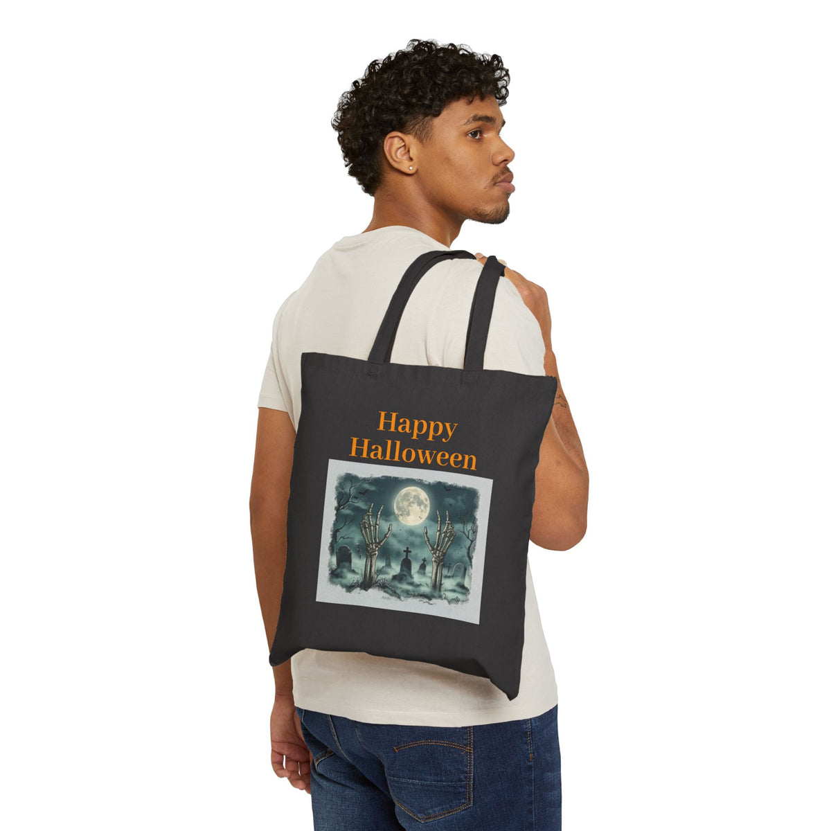 Halloween Canvas Tote — "Happy Halloween" Witch & Full Moon Trick-or-Treat Bag