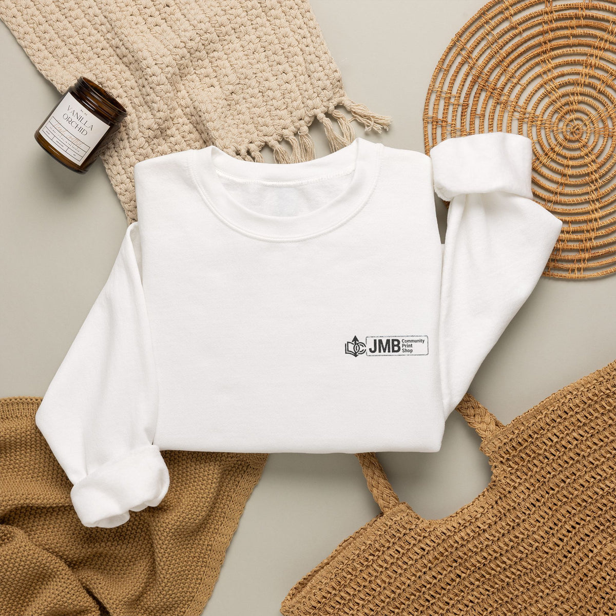 JMB Community Print Shop Embroidered Crewneck Sweatshirt — Logo Chest Design