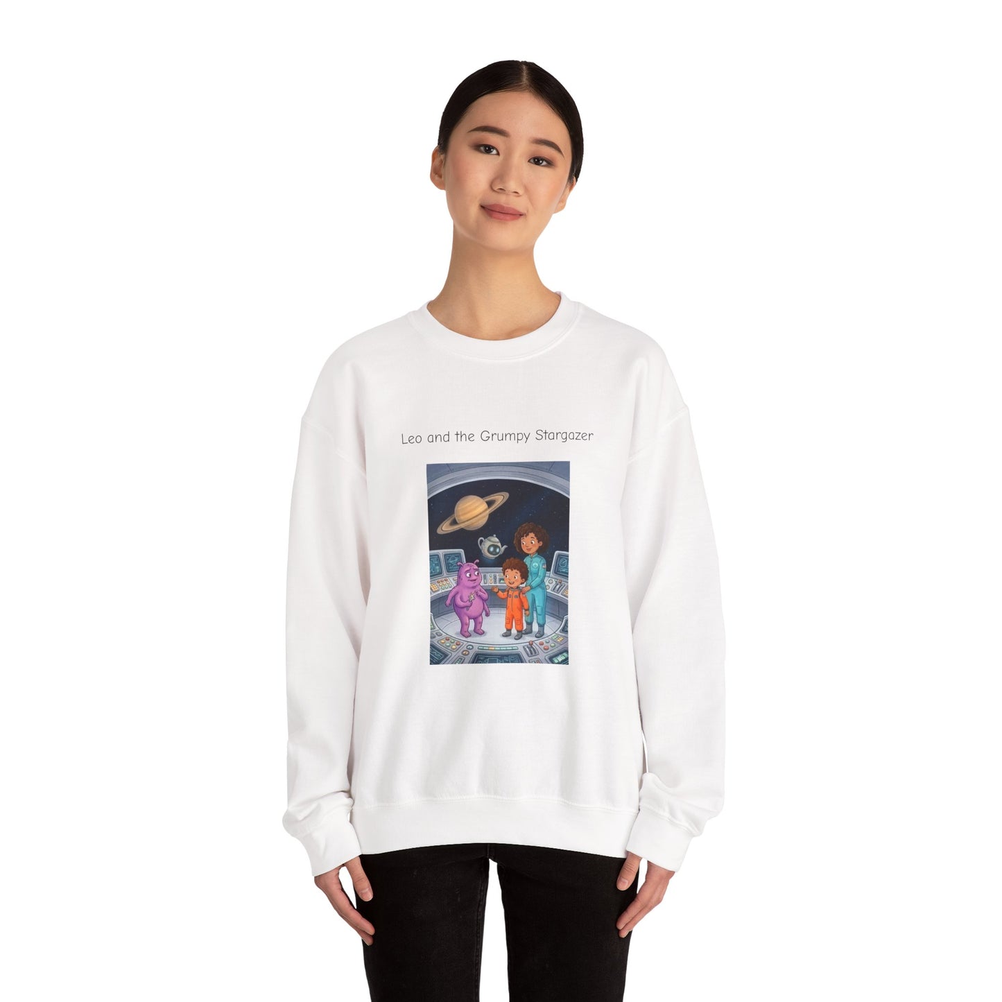Crewneck Sweatshirt — 'Leo and the Grump from the Planet Gloom' Space Cartoon Graphic