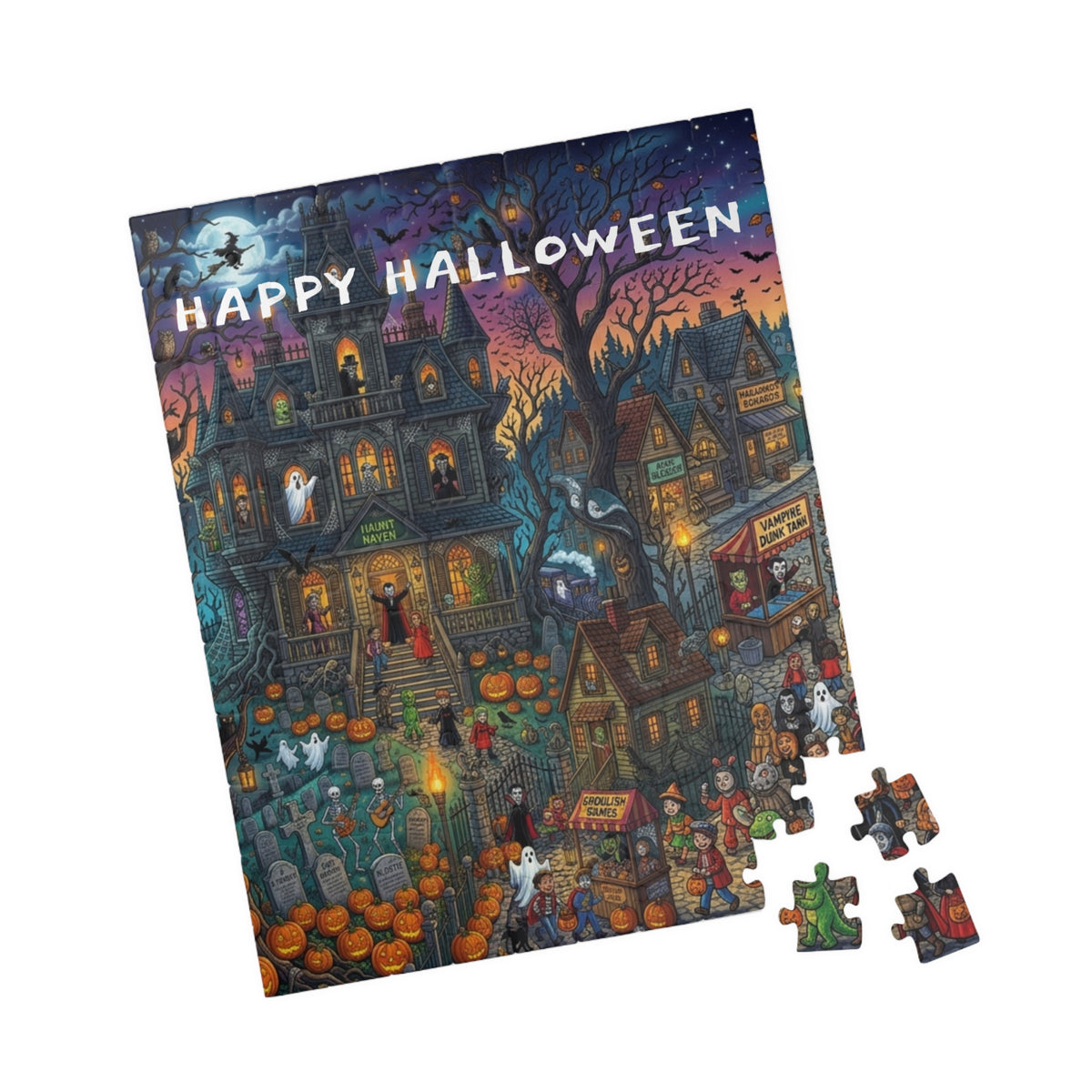 Happy Halloween Haunted House Puzzle – Spooky Pumpkin Patch Jigsaw (110–1014 pcs)
