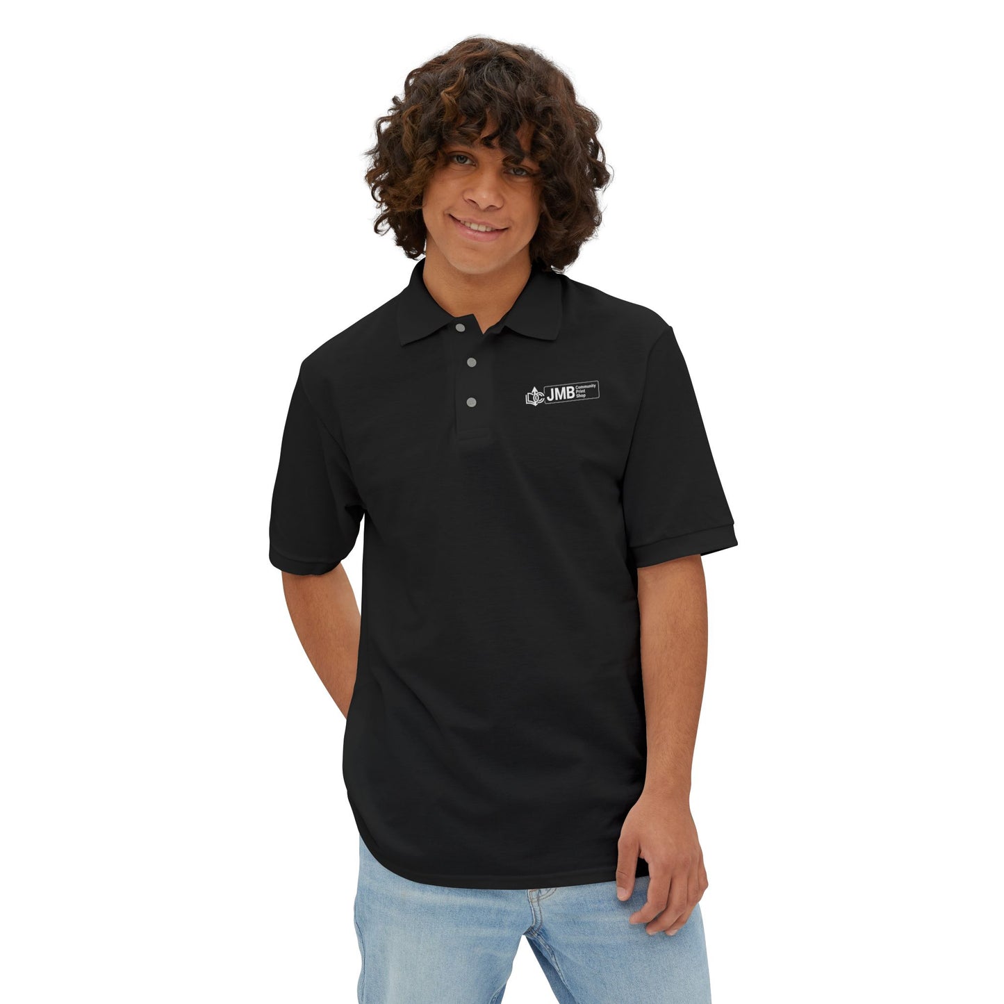 Classic Embroidered Logo Polo with JMB Community Print Shop Logo — Men's White Piqué Polo