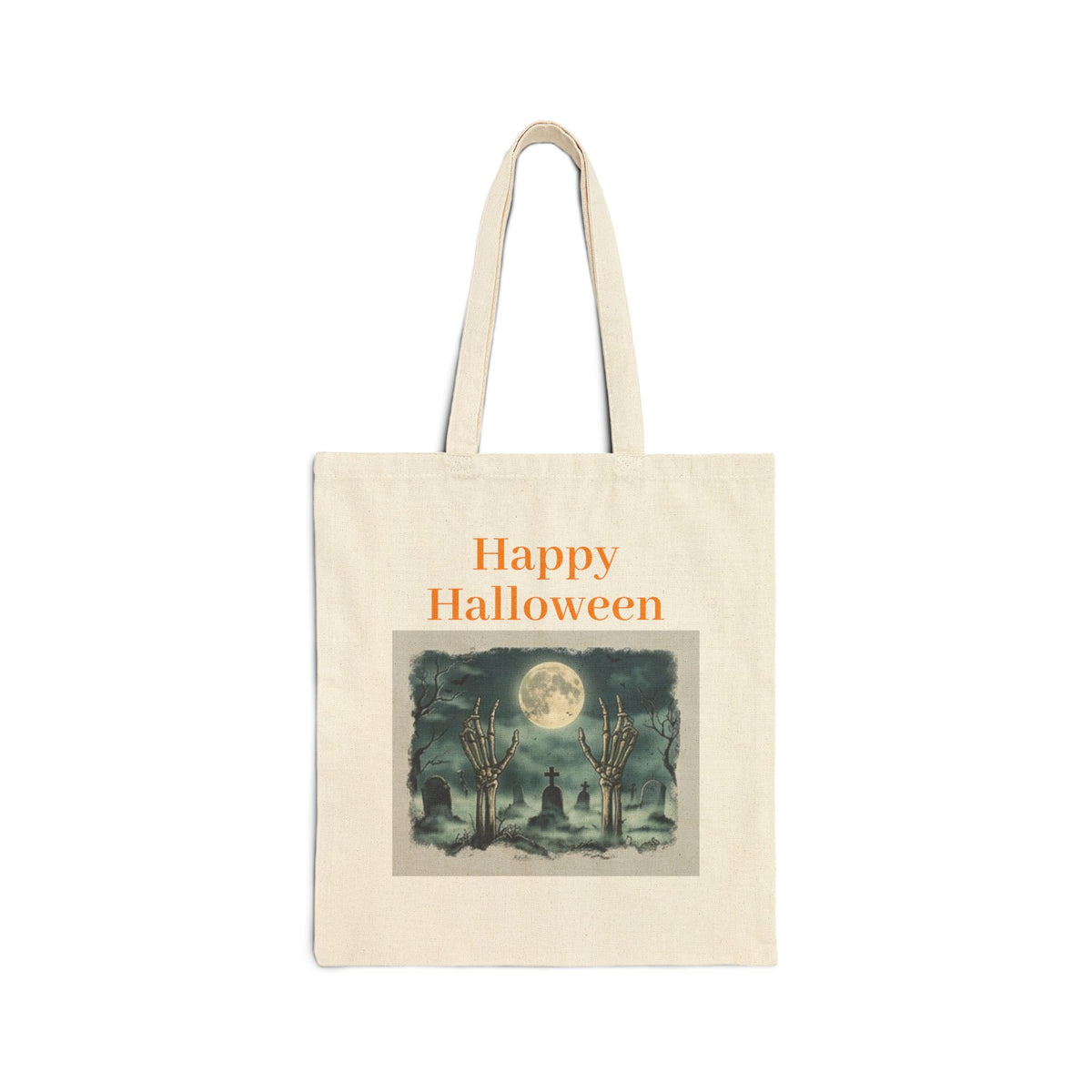 Halloween Canvas Tote — "Happy Halloween" Witch & Full Moon Trick-or-Treat Bag