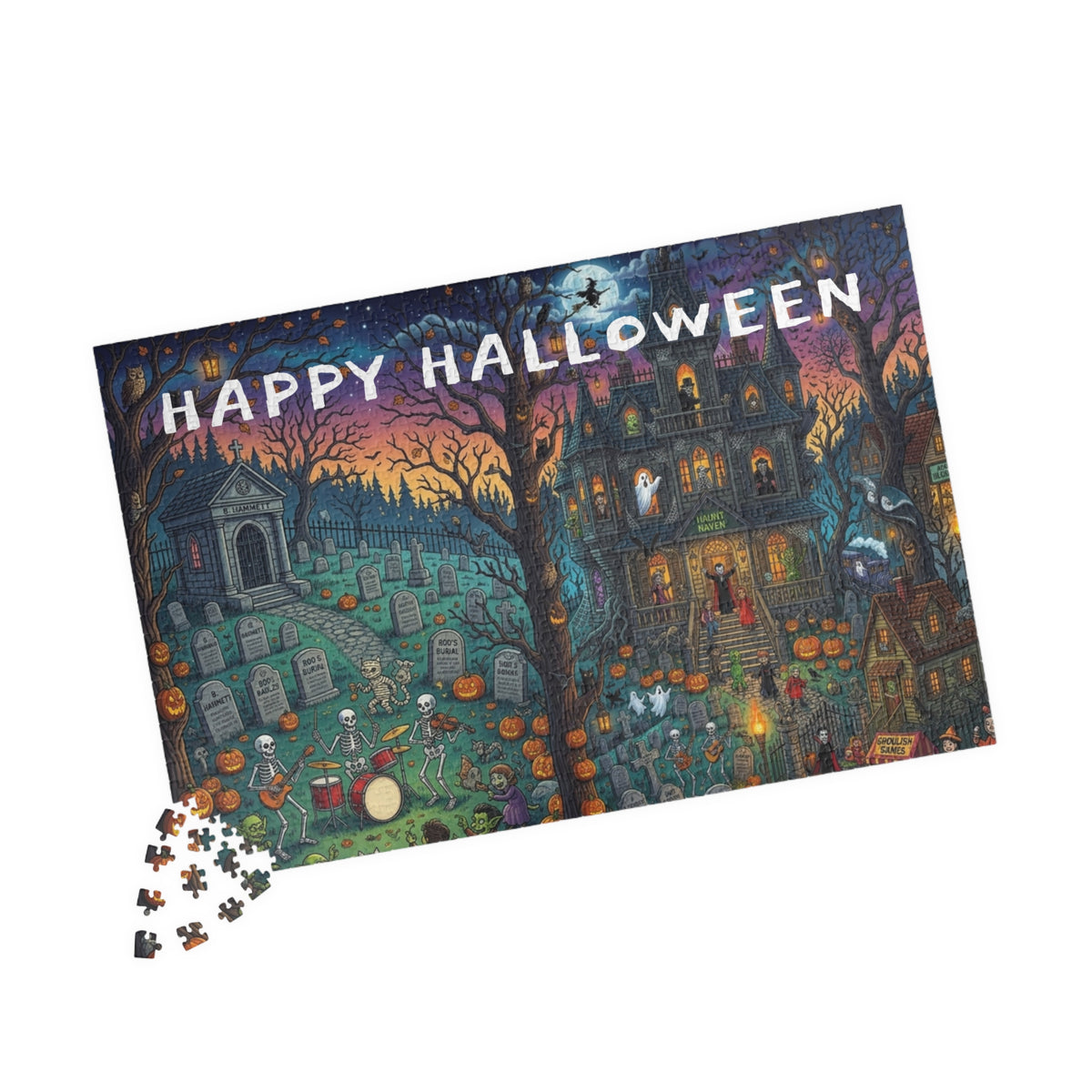 Happy Halloween Graveyard Puzzle — Spooky Pumpkin & Skeleton Scene (110/252/520/1014 pcs)