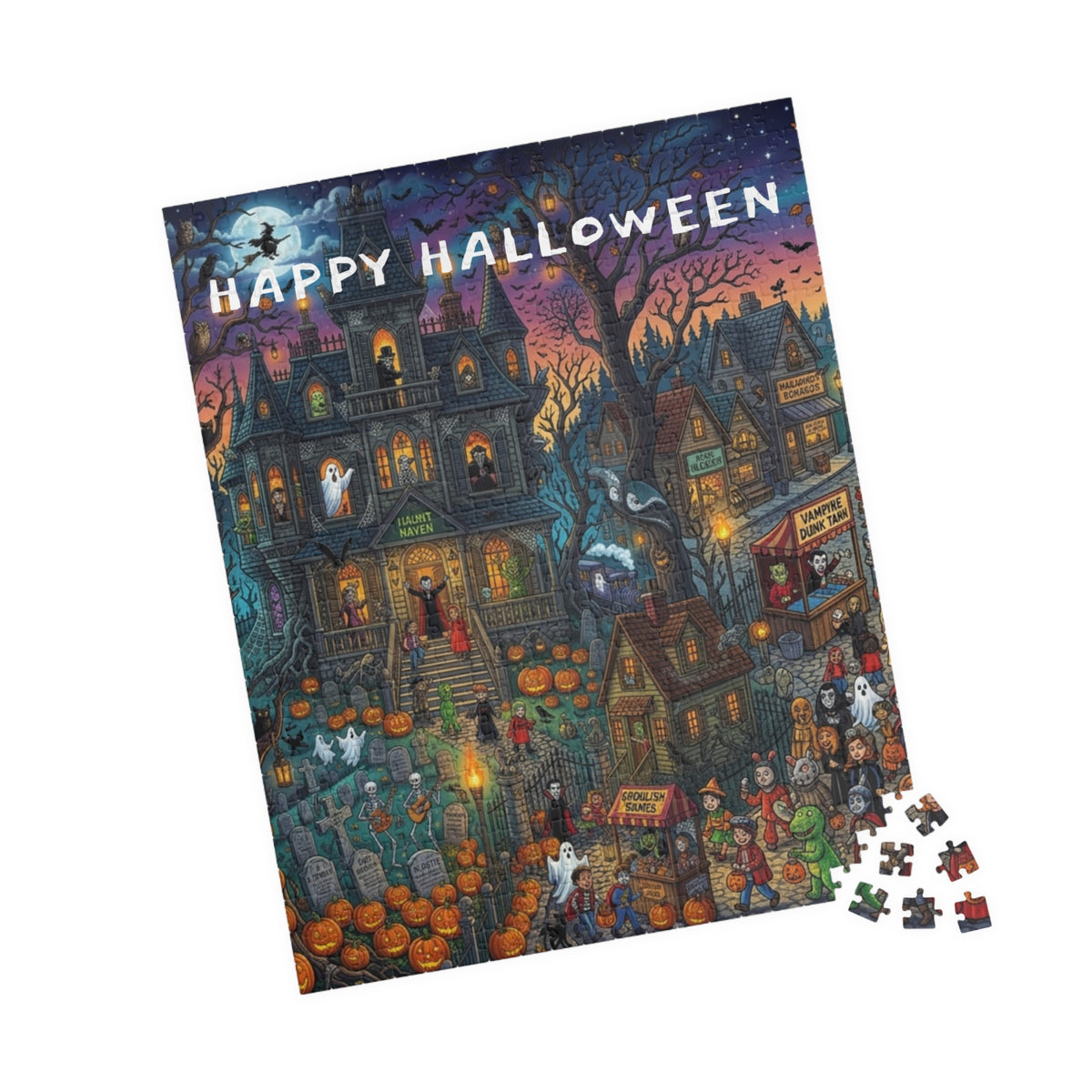 Happy Halloween Haunted House Puzzle – Spooky Pumpkin Patch Jigsaw (110–1014 pcs)