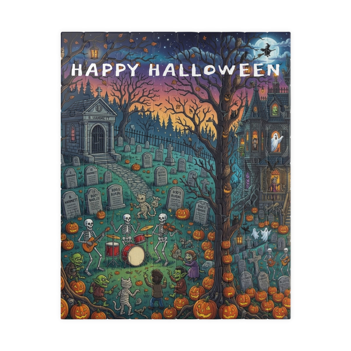 Happy Halloween Graveyard Puzzle — Spooky Pumpkin & Skeleton Scene (110/252/520/1014 pcs)