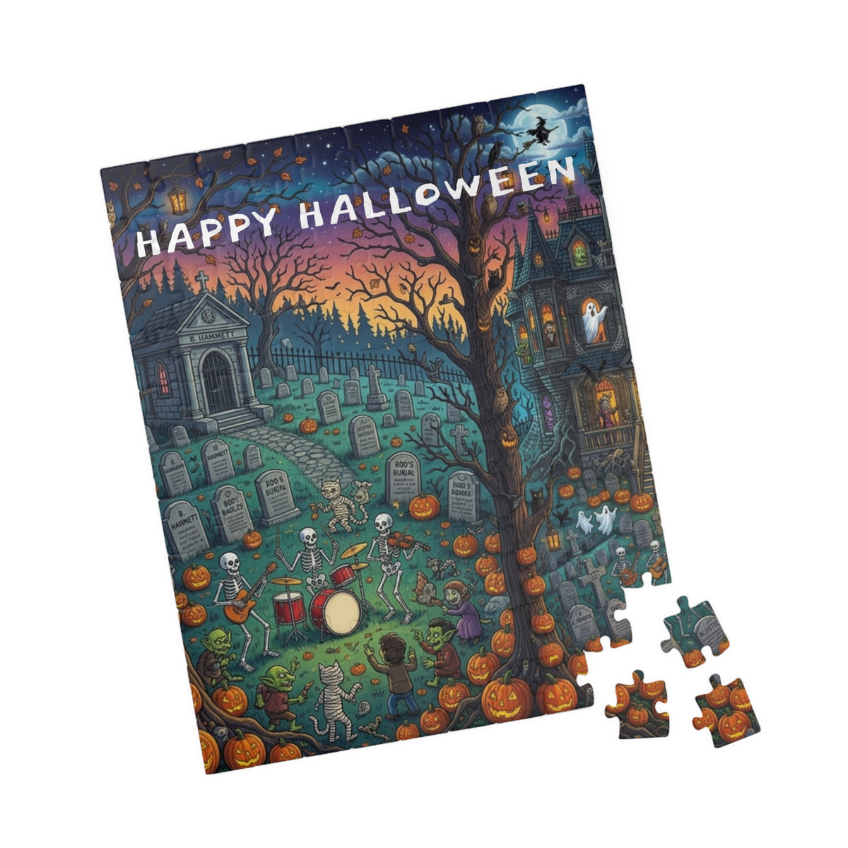 Happy Halloween Graveyard Puzzle — Spooky Pumpkin & Skeleton Scene (110/252/520/1014 pcs)