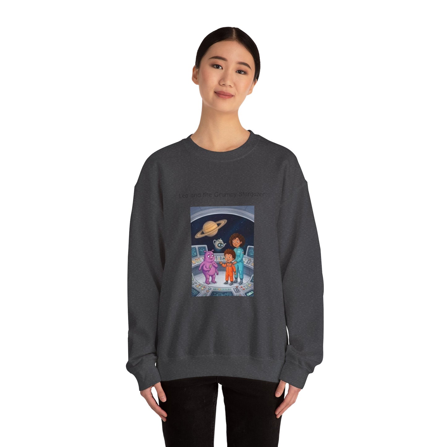 Crewneck Sweatshirt — 'Leo and the Grump from the Planet Gloom' Space Cartoon Graphic