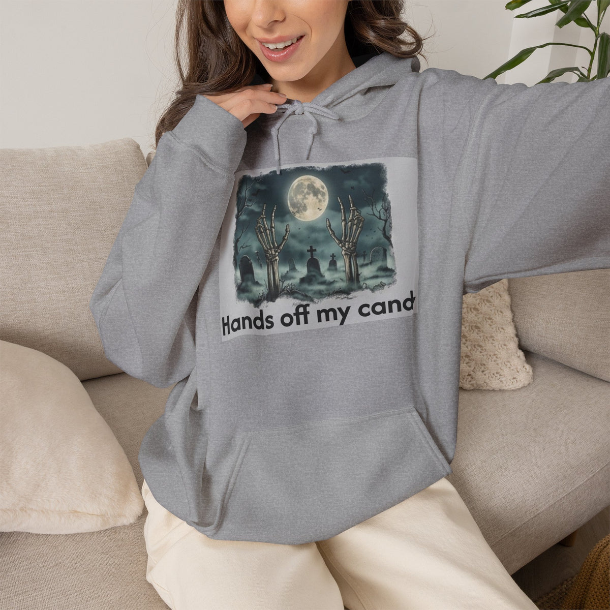Hoodie — 'Hands Off My Candy' Halloween Moonlit Graveyard Graphic