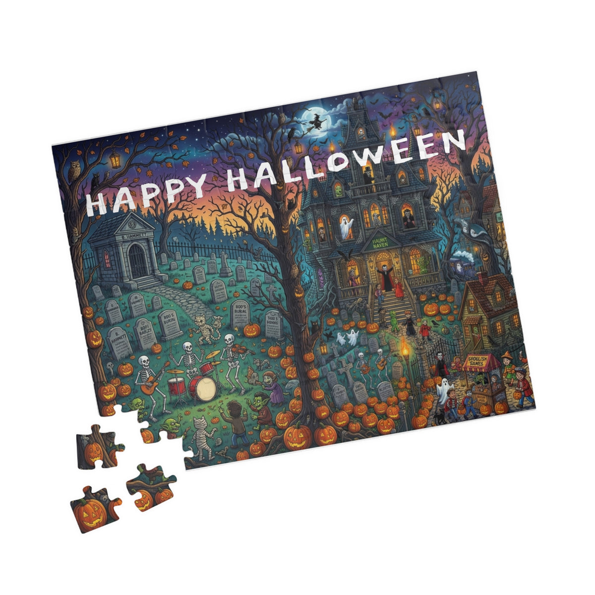 Happy Halloween Graveyard Puzzle — Spooky Pumpkin & Skeleton Scene (110/252/520/1014 pcs)