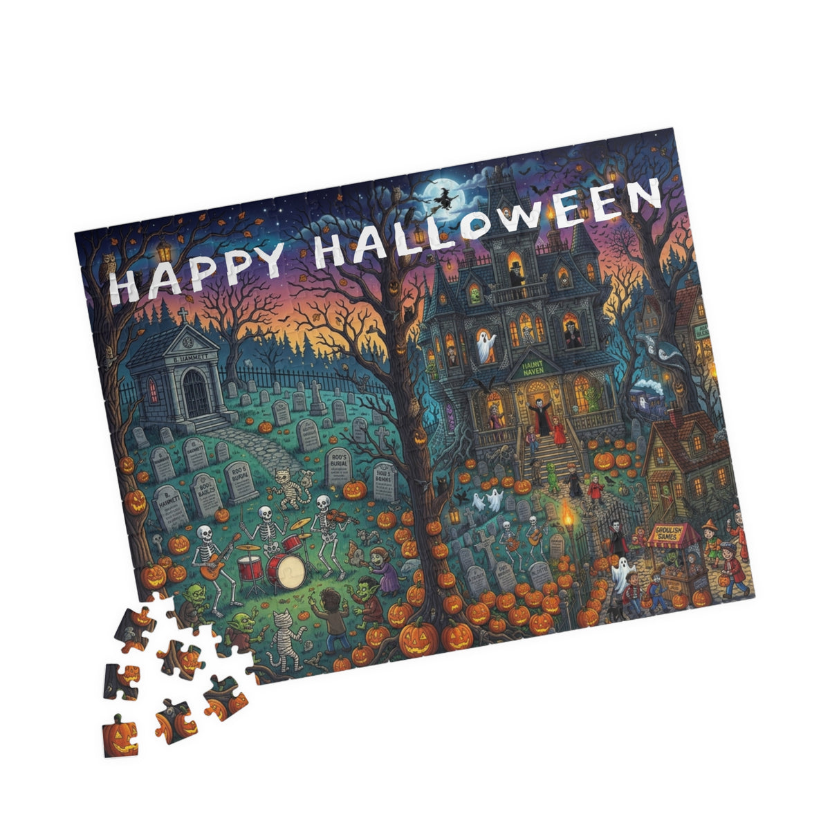 Happy Halloween Graveyard Puzzle — Spooky Pumpkin & Skeleton Scene (110/252/520/1014 pcs)