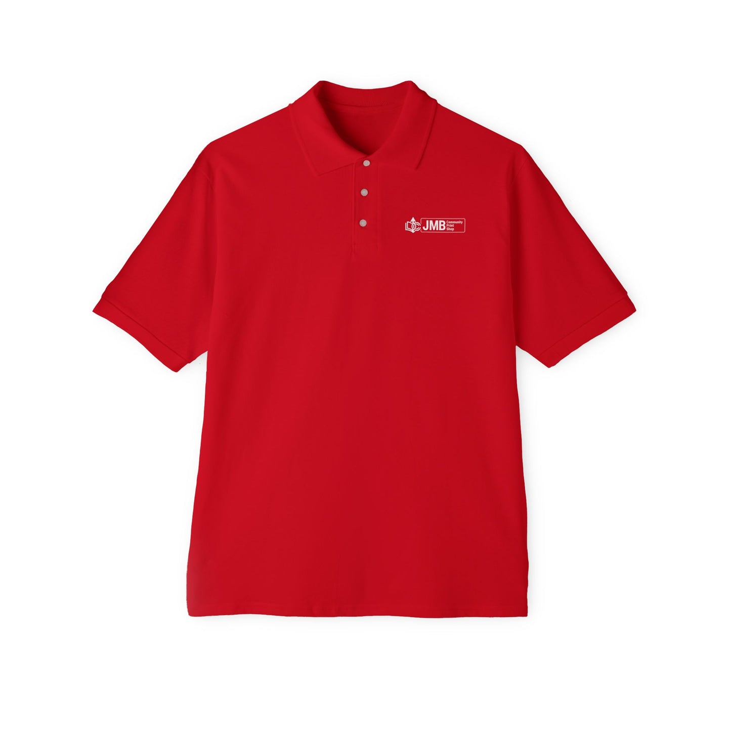 Classic Embroidered Logo Polo with JMB Community Print Shop Logo — Men's White Piqué Polo
