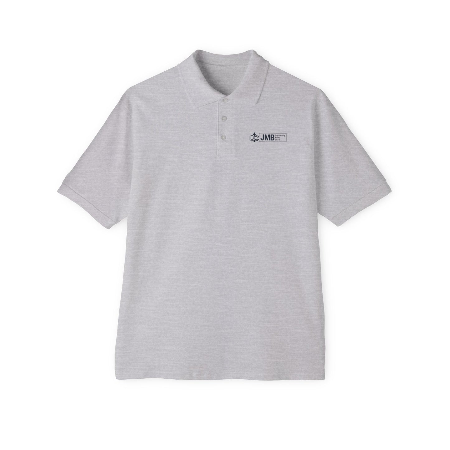 Classic Embroidered Logo Polo with JMB Community Print Shop Logo — Men's White Piqué Polo