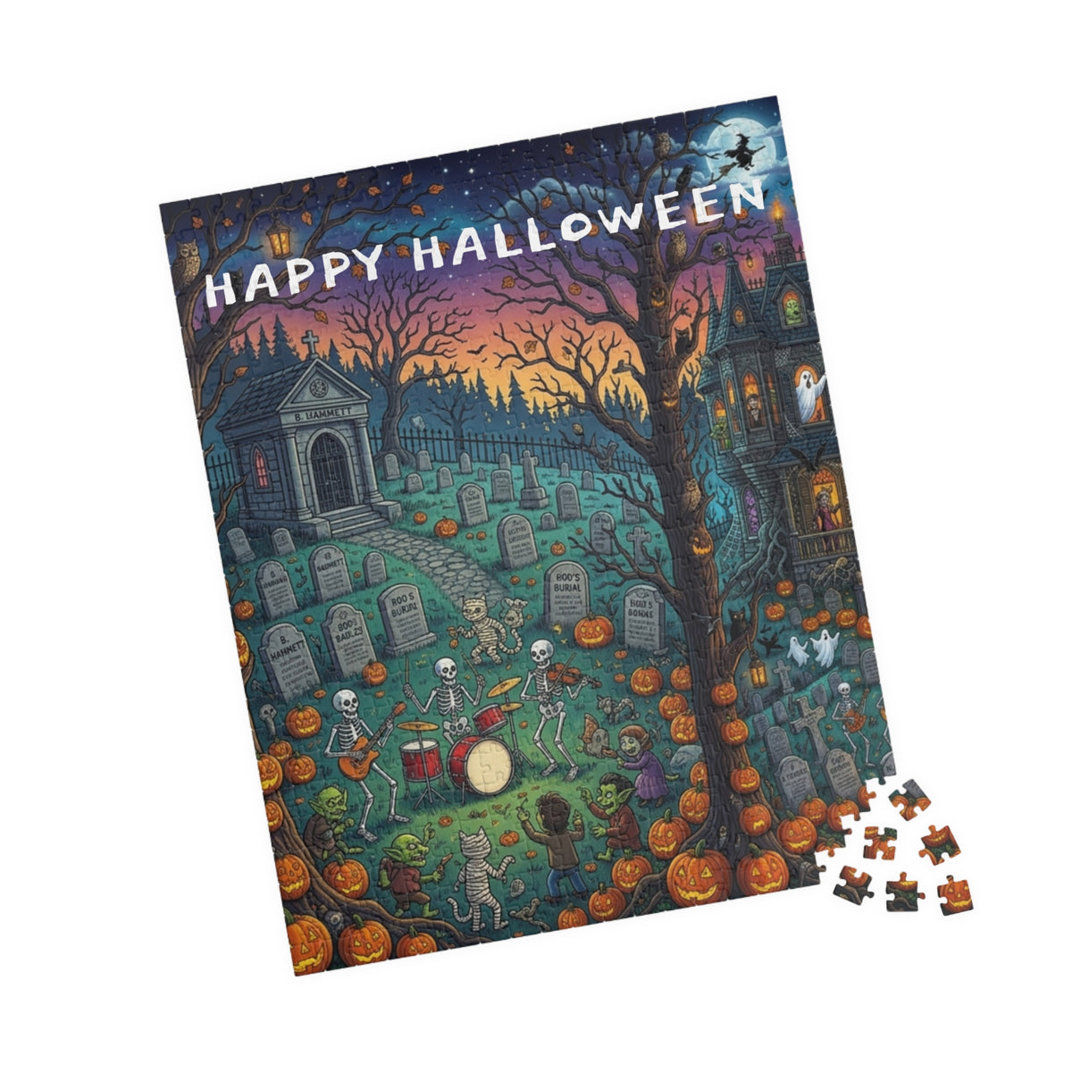 Happy Halloween Graveyard Puzzle — Spooky Pumpkin & Skeleton Scene (110/252/520/1014 pcs)