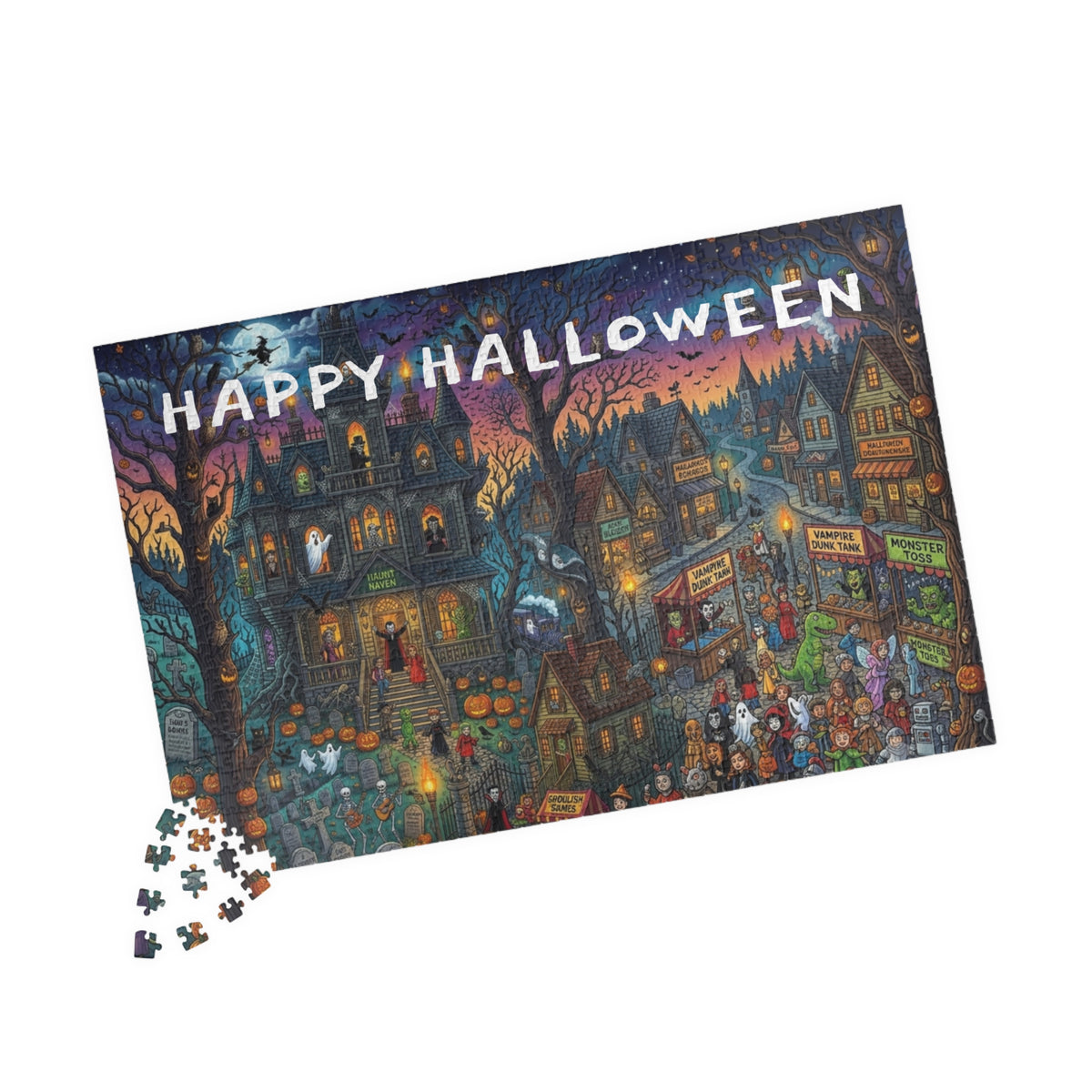 Happy Halloween Haunted House Puzzle – Spooky Pumpkin Patch Jigsaw (110–1014 pcs)