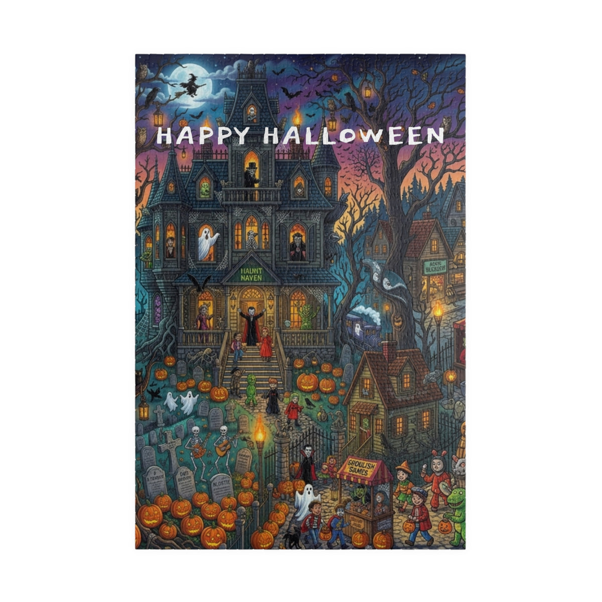 Happy Halloween Haunted House Puzzle – Spooky Pumpkin Patch Jigsaw (110–1014 pcs)