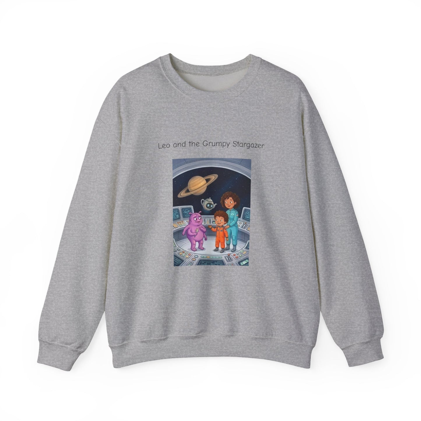 Crewneck Sweatshirt — 'Leo and the Grump from the Planet Gloom' Space Cartoon Graphic