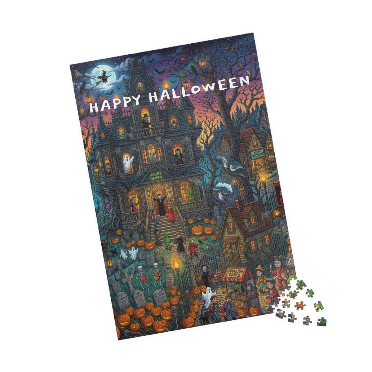 Happy Halloween Haunted House Puzzle – Spooky Pumpkin Patch Jigsaw (110–1014 pcs)