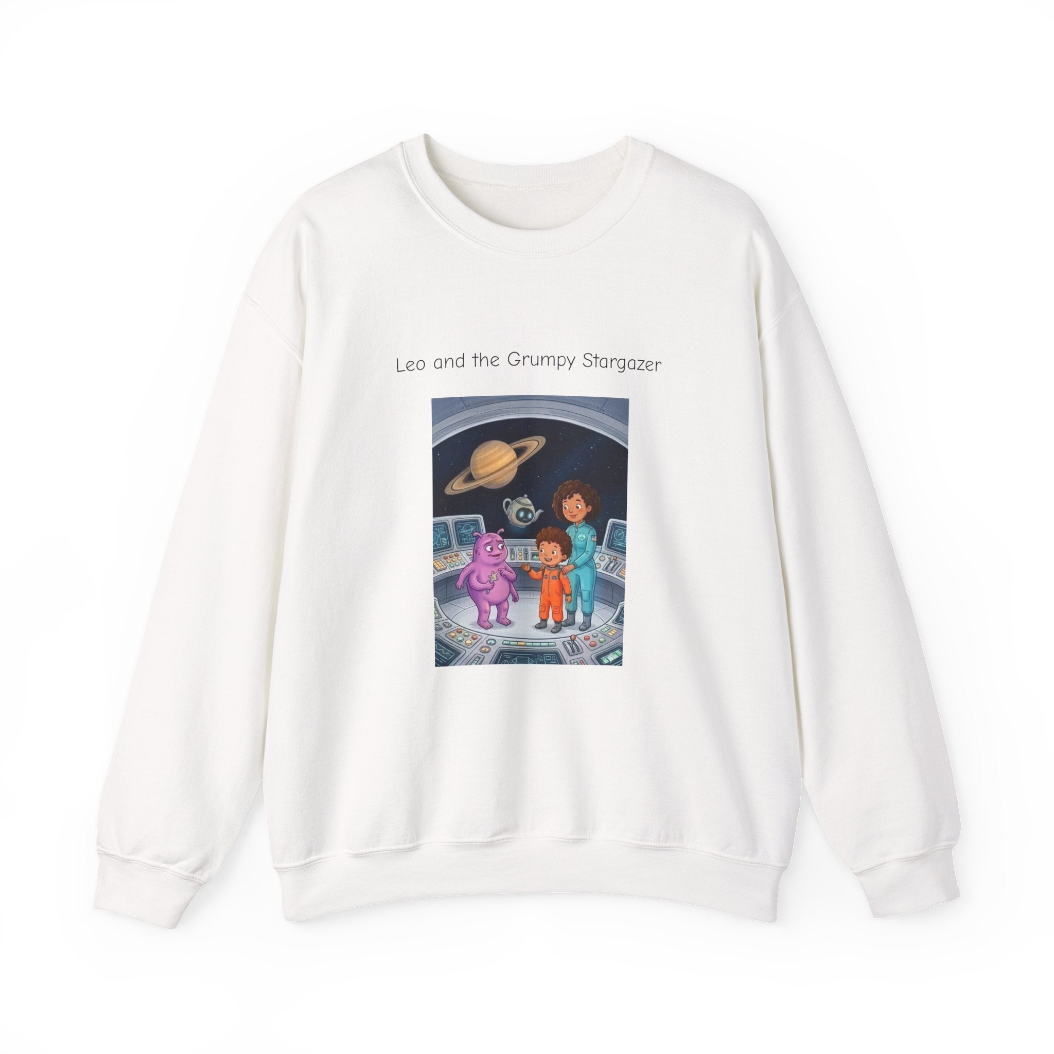 Crewneck Sweatshirt — 'Leo and the Grump from the Planet Gloom' Space Cartoon Graphic