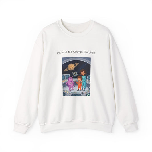 Crewneck Sweatshirt — 'Leo and the Grump from the Planet Gloom' Space Cartoon Graphic