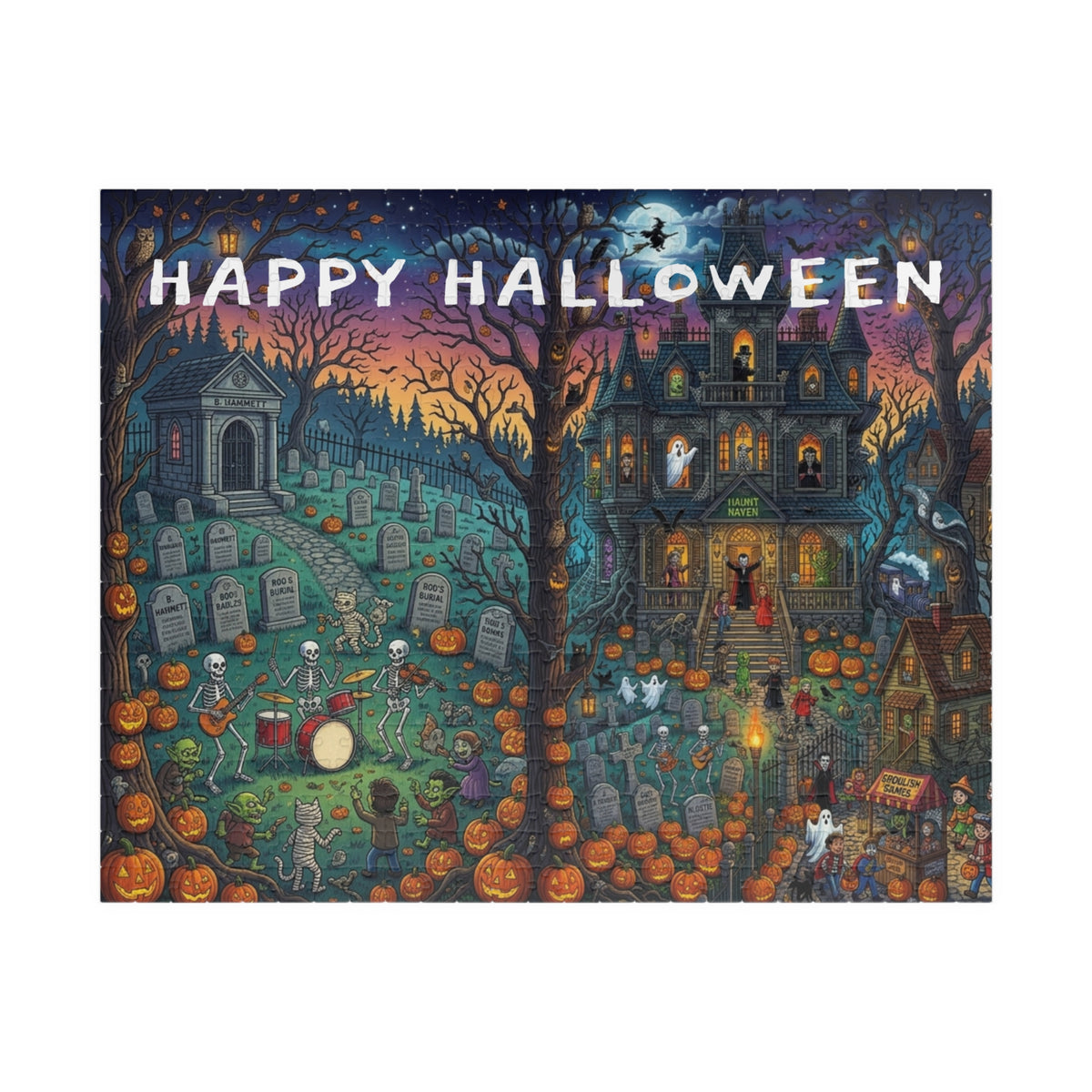 Happy Halloween Graveyard Puzzle — Spooky Pumpkin & Skeleton Scene (110/252/520/1014 pcs)