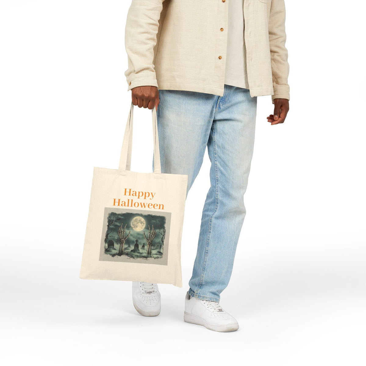 Halloween Canvas Tote — "Happy Halloween" Witch & Full Moon Trick-or-Treat Bag