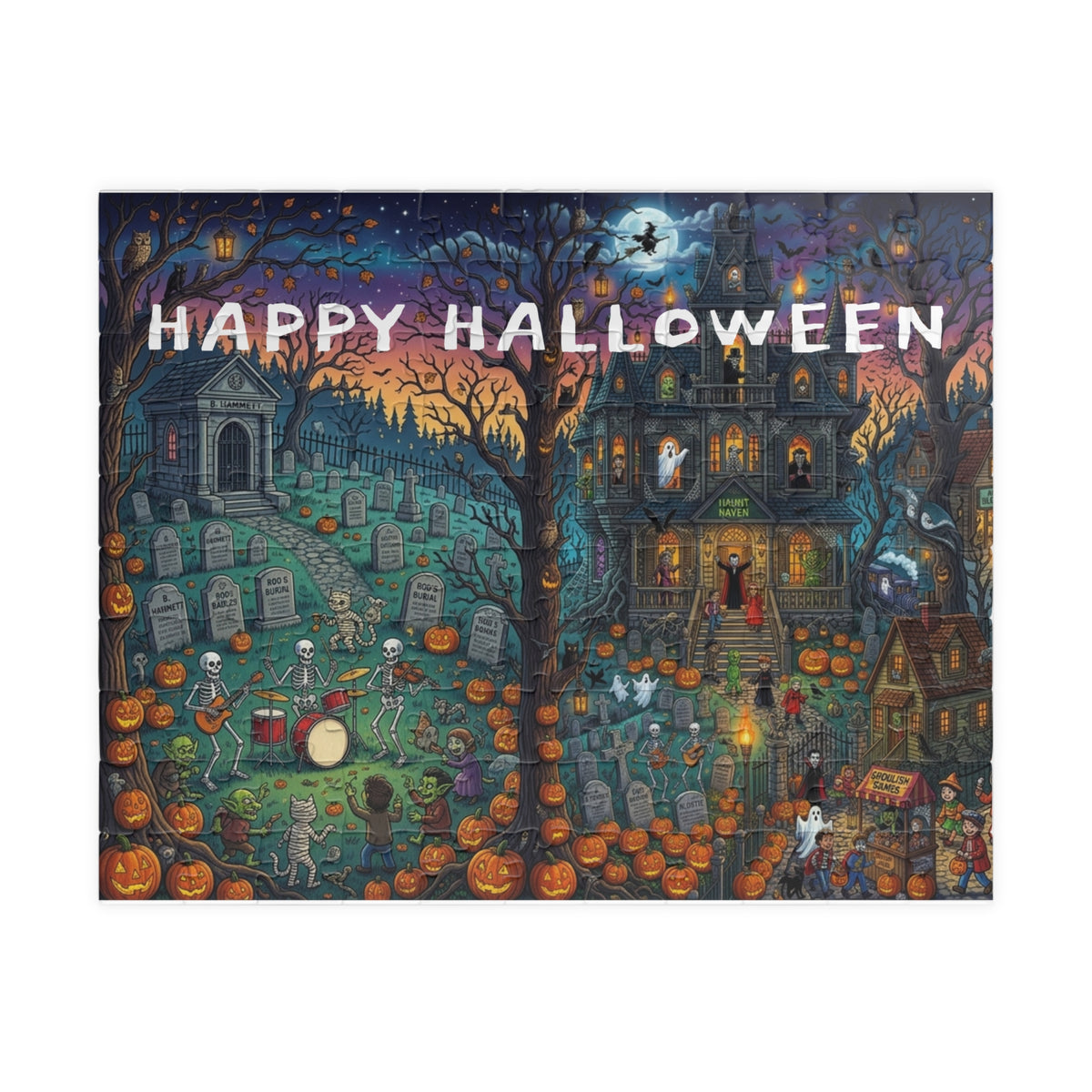 Happy Halloween Graveyard Puzzle — Spooky Pumpkin & Skeleton Scene (110/252/520/1014 pcs)