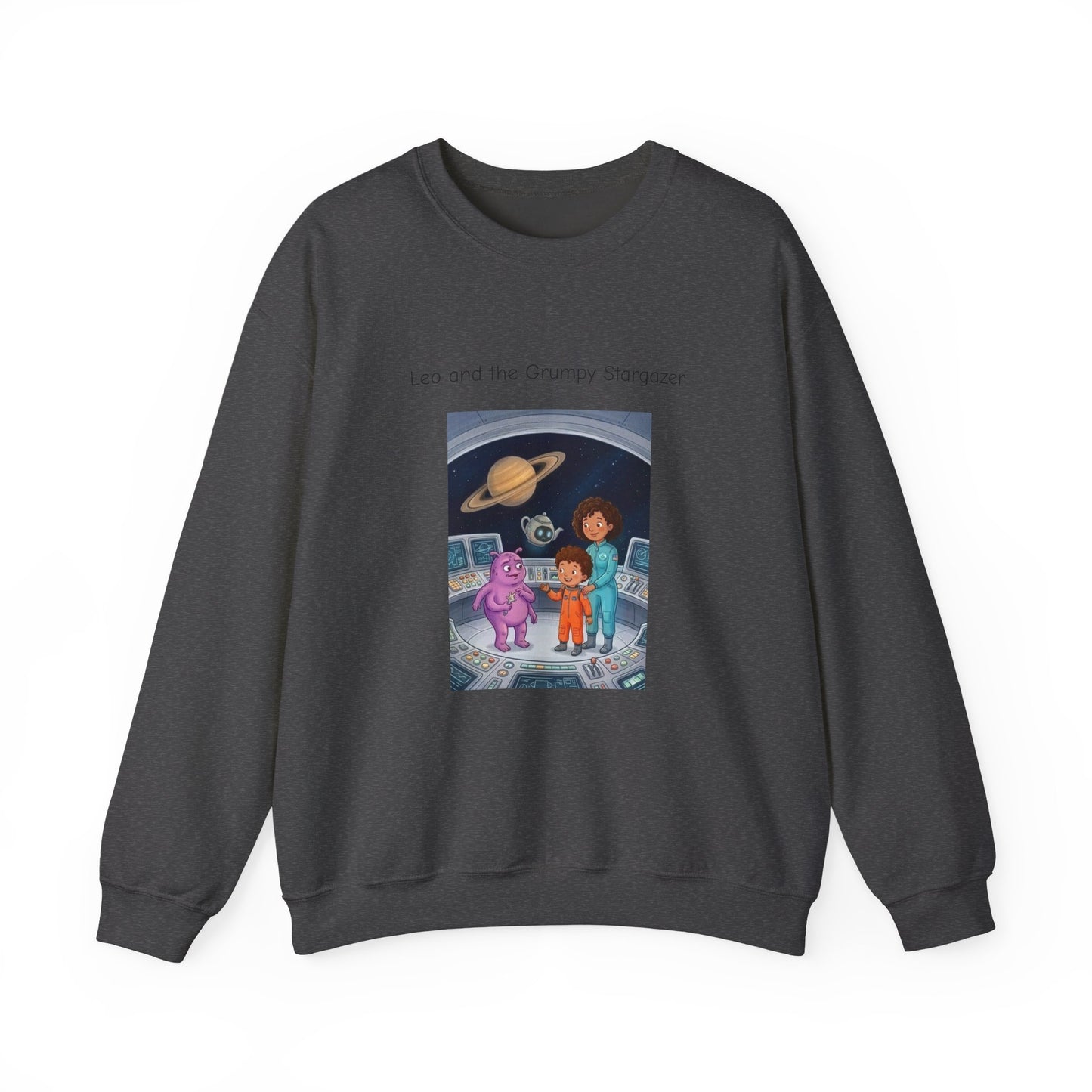 Crewneck Sweatshirt — 'Leo and the Grump from the Planet Gloom' Space Cartoon Graphic